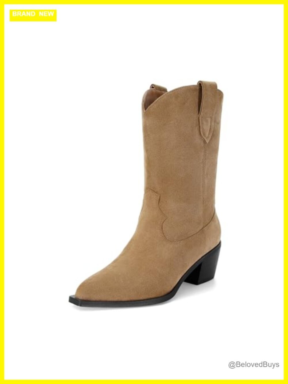 Suede Cowboy Boots Women Pointed Toe Mid-Calf Chunky Heel Pull On Western